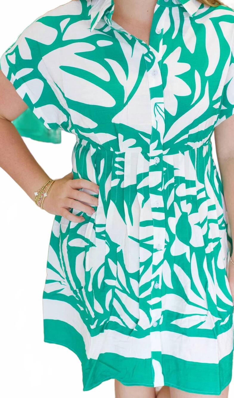 NEW TCEC tropical print button down mini dress in green